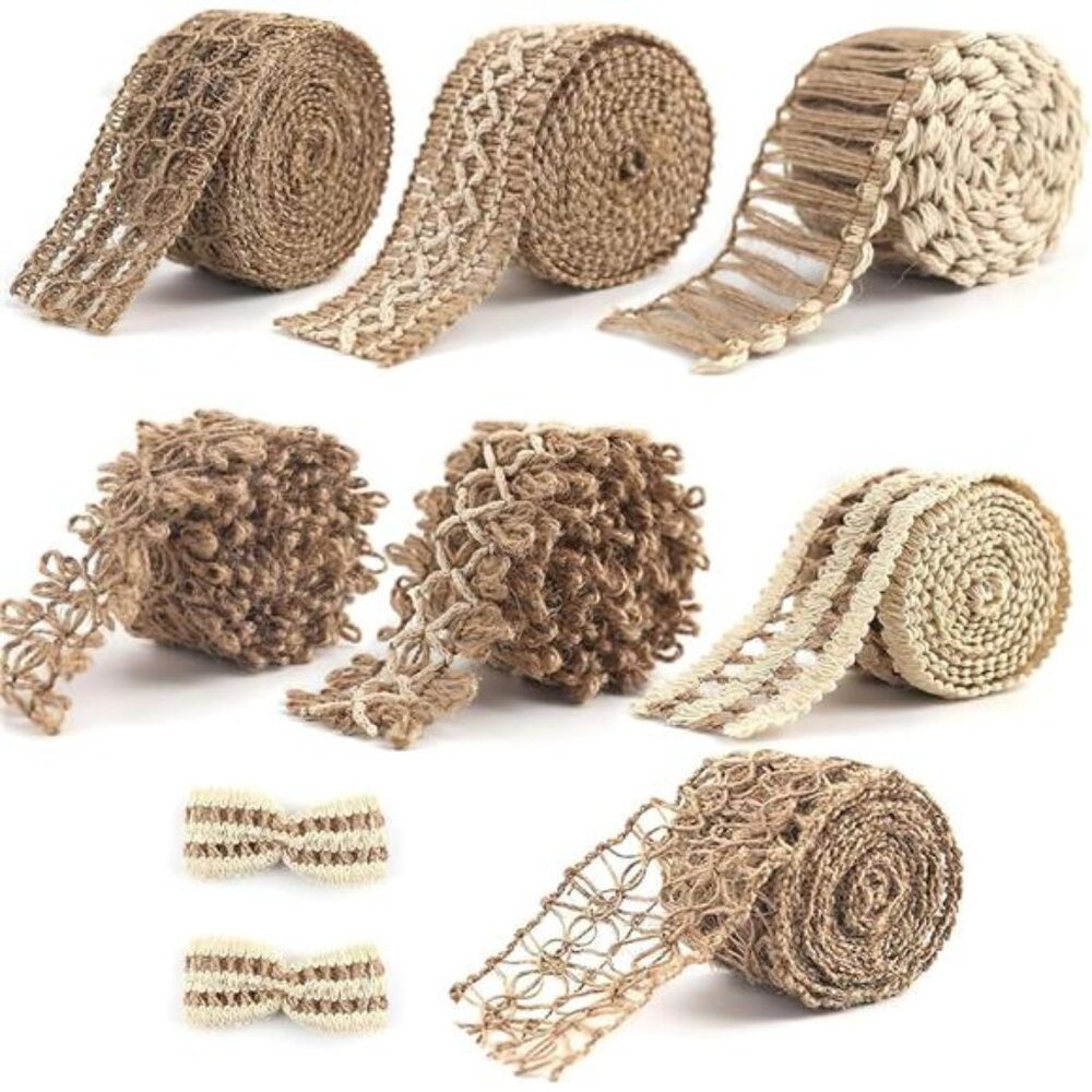 7 Rolls Burlap Ribbon, Natural Jute Ribbons Lace Mesh Wedding Trim